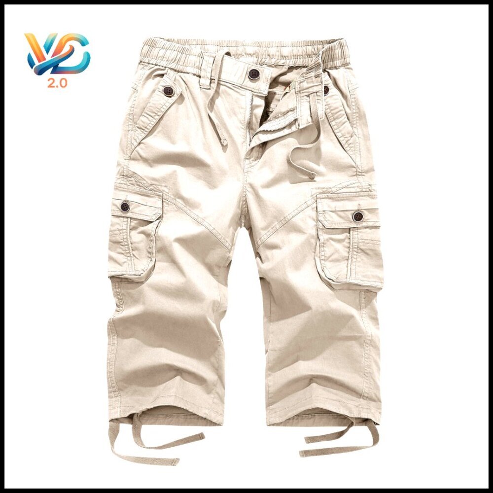 Cotton Cargo Capri Shorts Mid Rise Drawstring Elastic Waist Multi Pocket Hiking